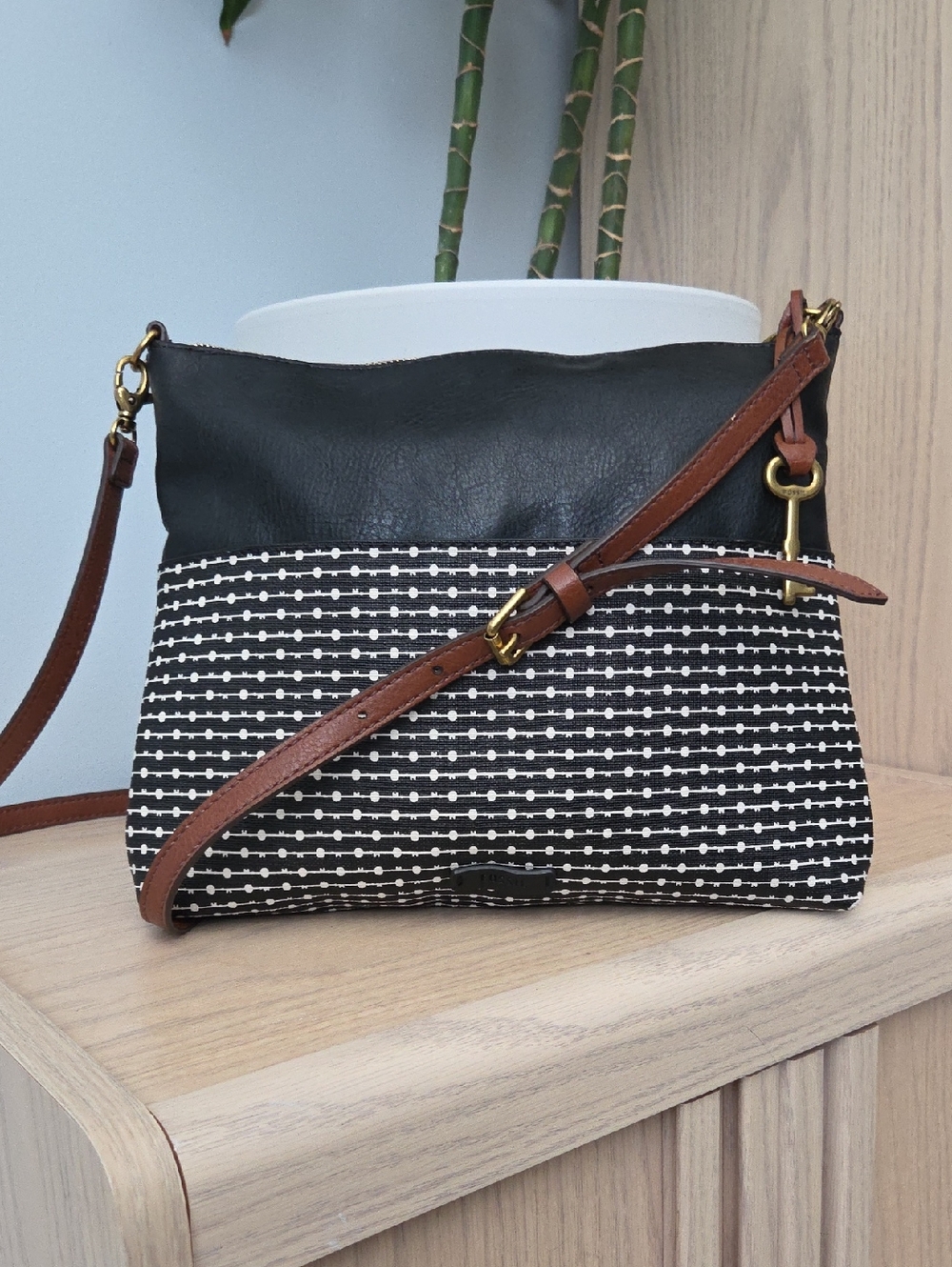 Fossil Fiona Black & Cream Patterned Faux Leather Crossbody Bag